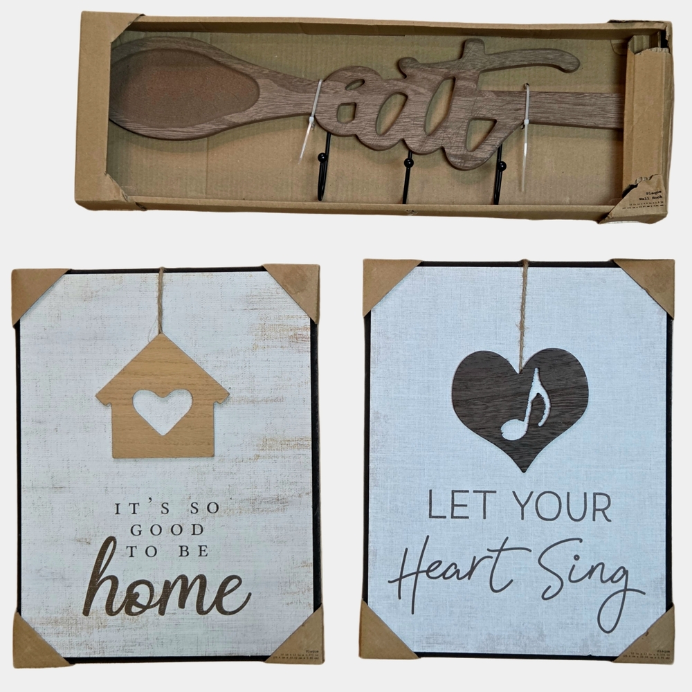 Lot Of 3 Wood Rustic Brown and White Wall Decor Set New In Original Packaging